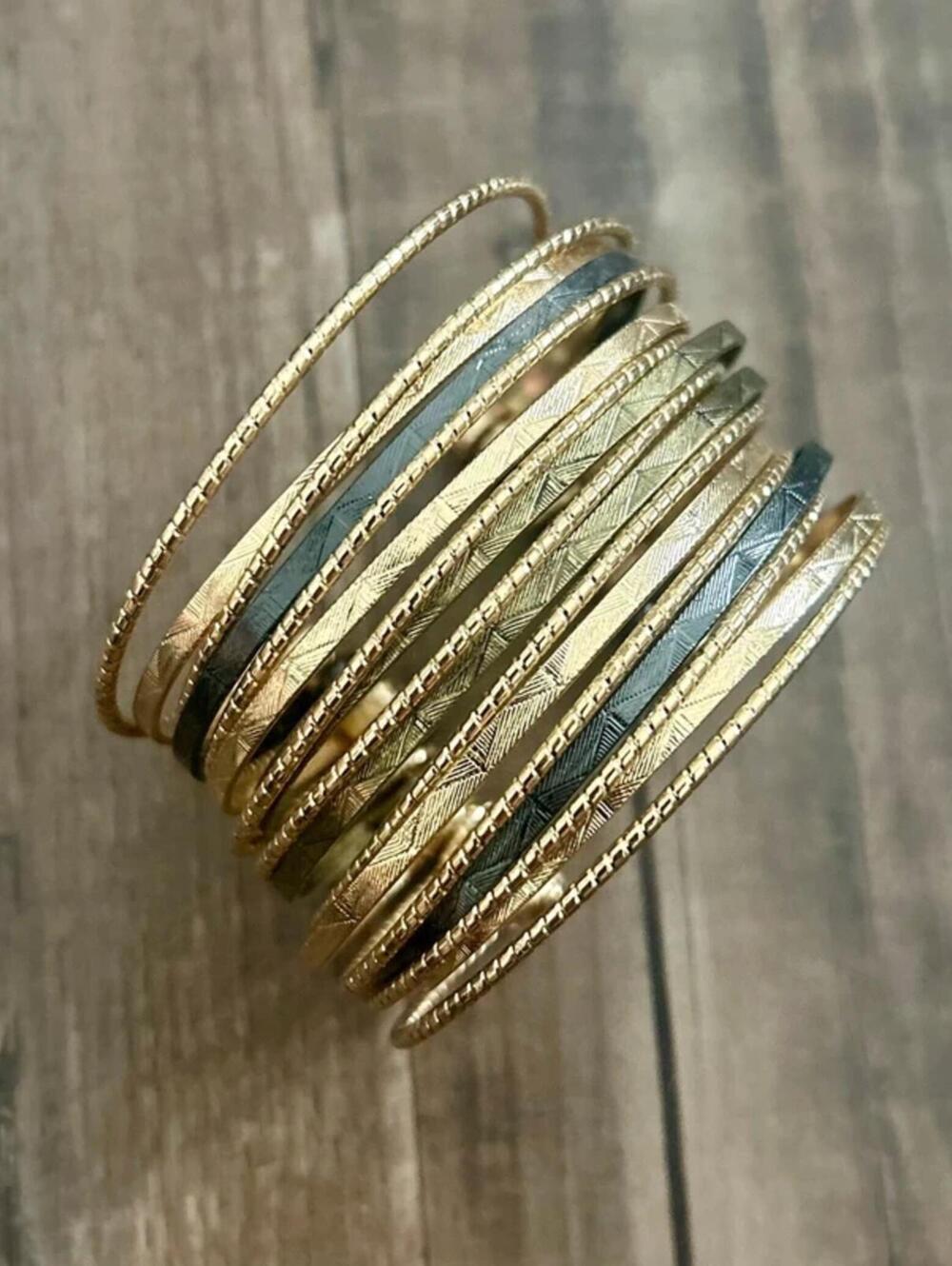 Multicolored Bangle Cuff Bracelet, Gold, Silver, Gray Colors